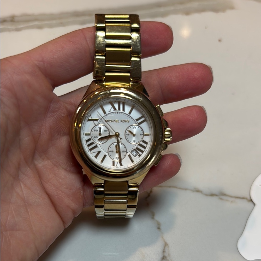 Michael Kors Gold and White Women's Chronograph Bracelet Watch